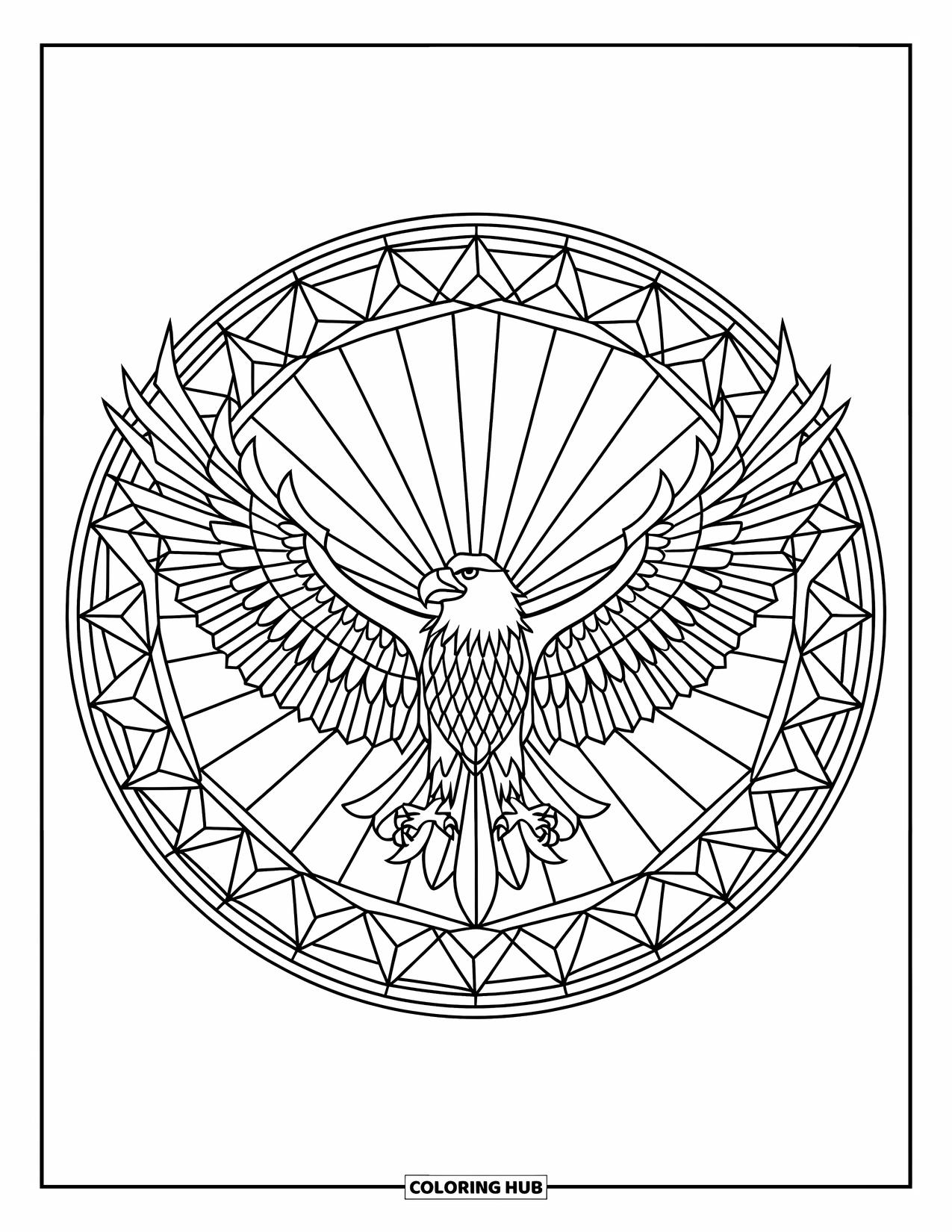 Bird Coloring Page for Adults: Soaring eagle surrounded by intricate stained glass-style rays