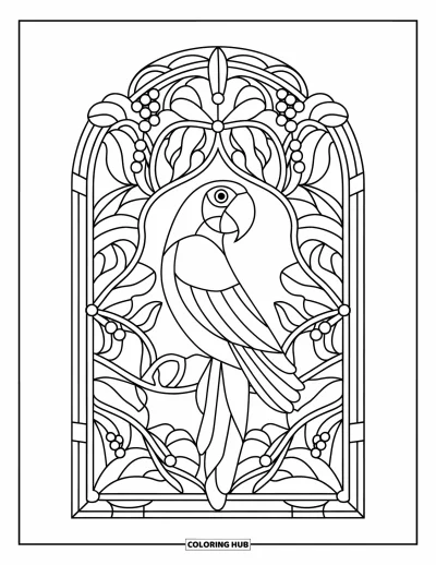 Dibujo de pajaros para colorear para adultos: Loro estilizado enmarcado por hojas y enredaderas de selva estilo vitral