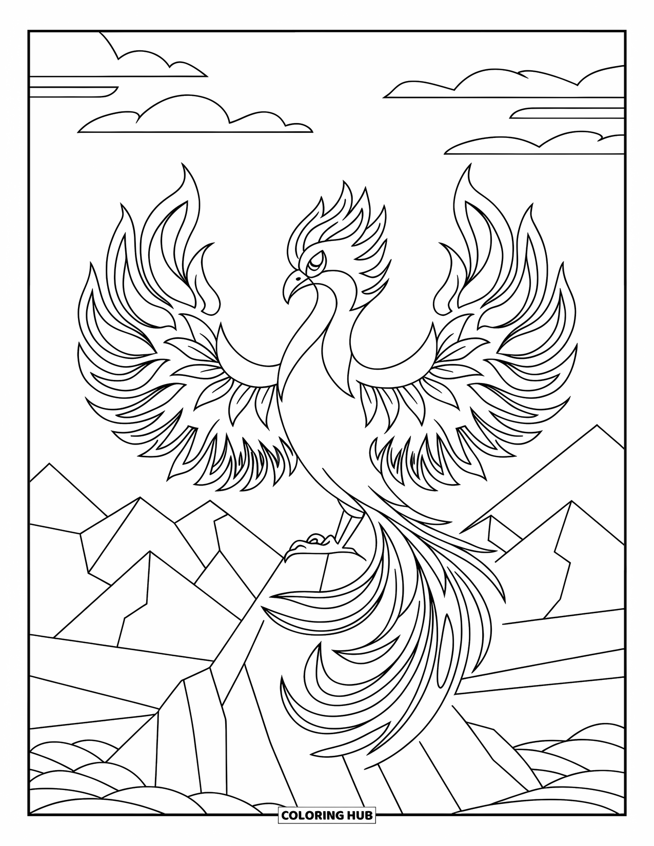 Bird Coloring Page for Adults: Stylized phoenix on a rock with flames turning into flowers