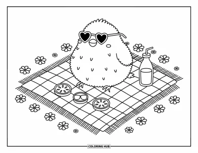 Dibujo de pajaros para colorear para adultos: Ave de día soleado con gafas de corazón sobre una manta de picnic con bocadillos