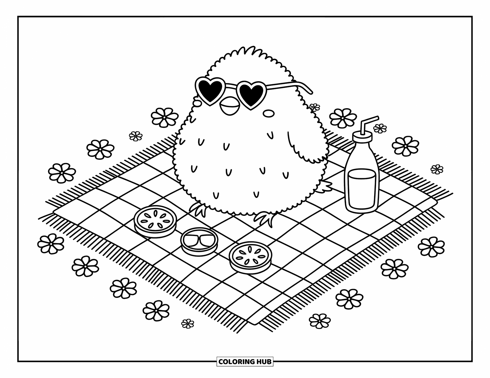 Bird Coloring Page for Adults: Sunny-day bird wearing heart glasses on a picnic blanket with treats