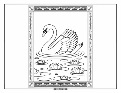Dibujo de pajaros para colorear para adultos: Cisne sobre aguas tranquilas enmarcado por lotos y un borde decorativo sencillo