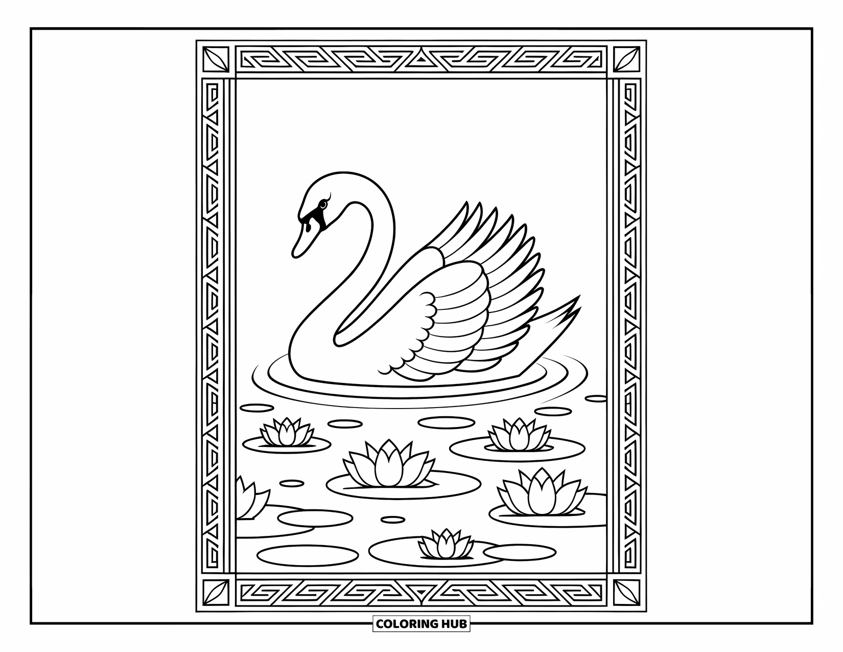 Bird Coloring Page for Adults: Swan on peaceful waters framed by lotus and a simple decorative border