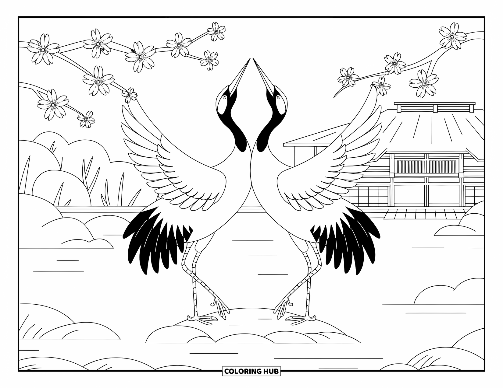 Bird Coloring Page for Adults: Two cranes dancing under cherry blossoms with a peaceful view behind