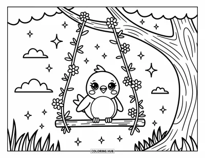 Dibujo de pajaros para colorear para adultos: Ave de fantasía en un columpio con estrellas centelleantes y nubes esponjosas