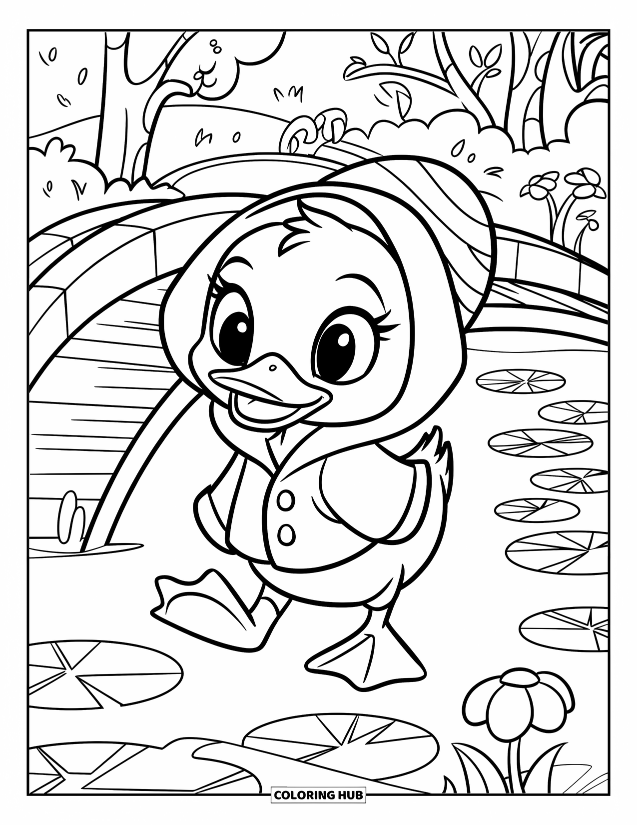 Bird Coloring Page for Kids: Baby duck in a raincoat waddling by a pond and bridge