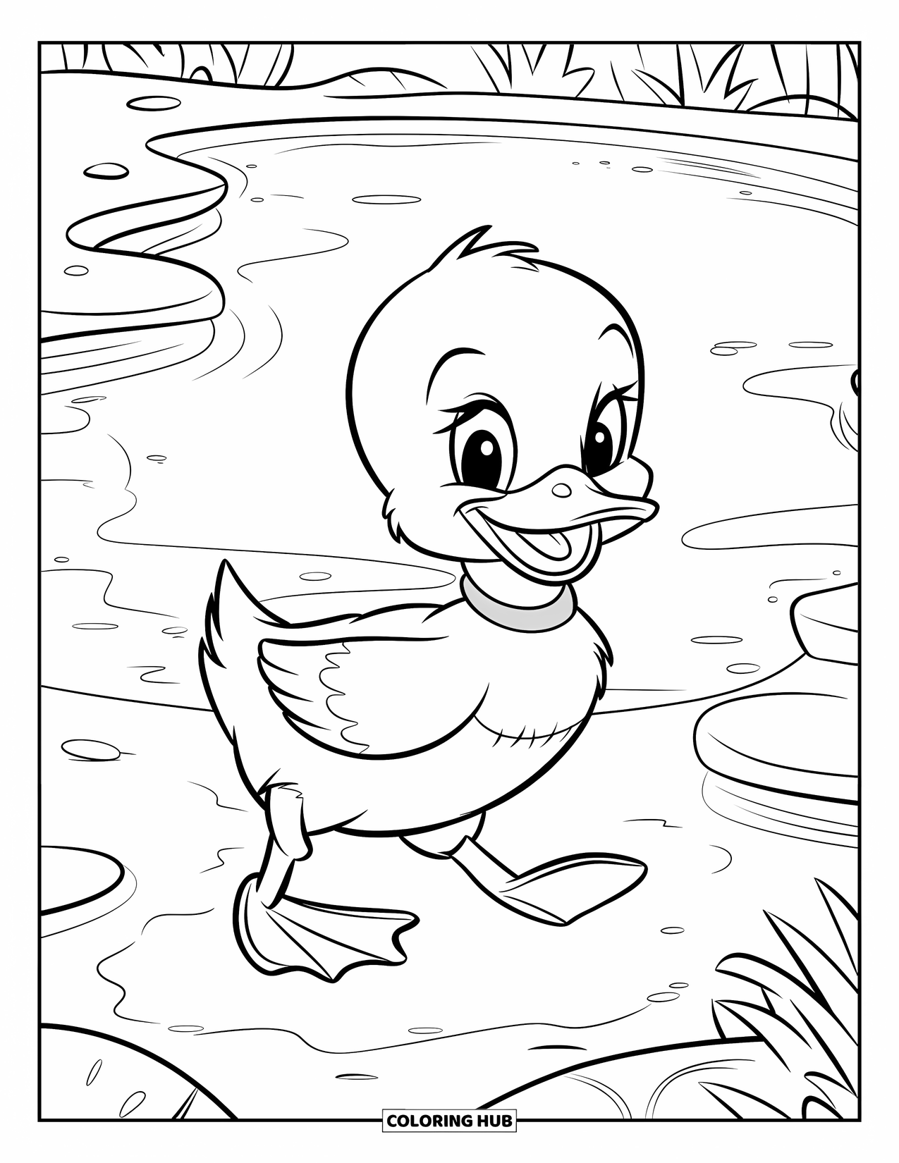 Bird Coloring Page for Kids: Baby duck with a collar walking near a pond and rocky path