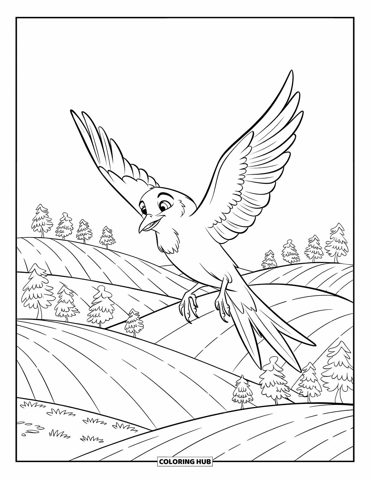 Bird Coloring Page for Kids: Bird flying above grassy hills with trees and clear skies