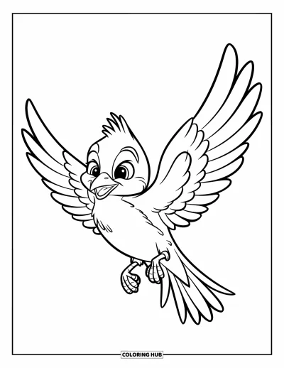 Dibujo de pajaros para colorear para niños: Ave volando con alegría y las alas extendidas