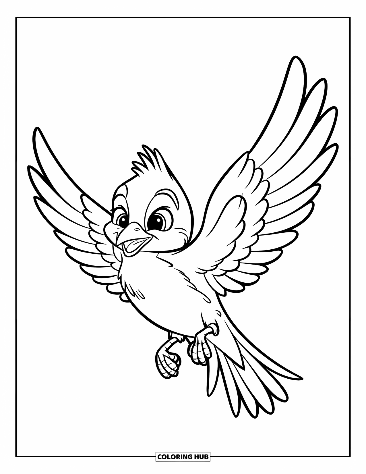 Bird Coloring Page for Kids: Bird flying with joy and wings stretched out