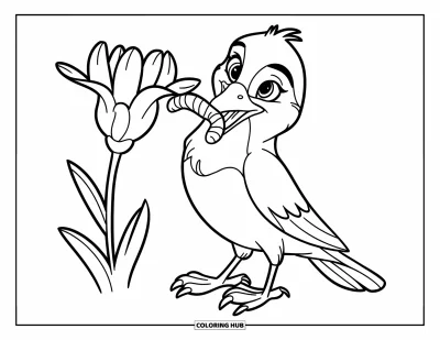 Dibujo de pajaros para colorear para niños: Ave con un gusano junto a una flor en plena floración