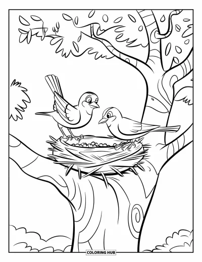 Dibujo de pajaros para colorear para niños: Pareja de aves trabajando en un nido en un árbol frondoso