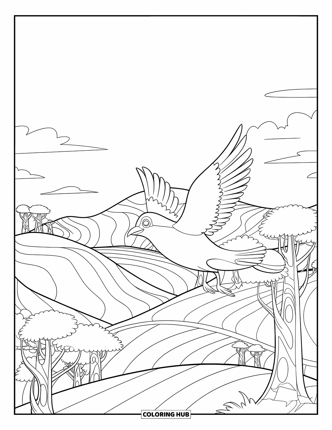 Bird Coloring Page for Kids: Bird perched above a valley with winding roads and smooth hills