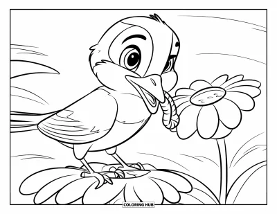 Dibujo de pajaros para colorear para niños: Ave posada en una flor con un gusano en el pico