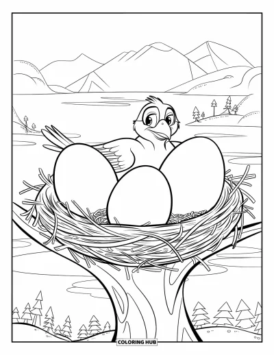 Dibujo de pajaros para colorear para niños: Ave posada en un nido con tres huevos gigantes y una vista panorámica