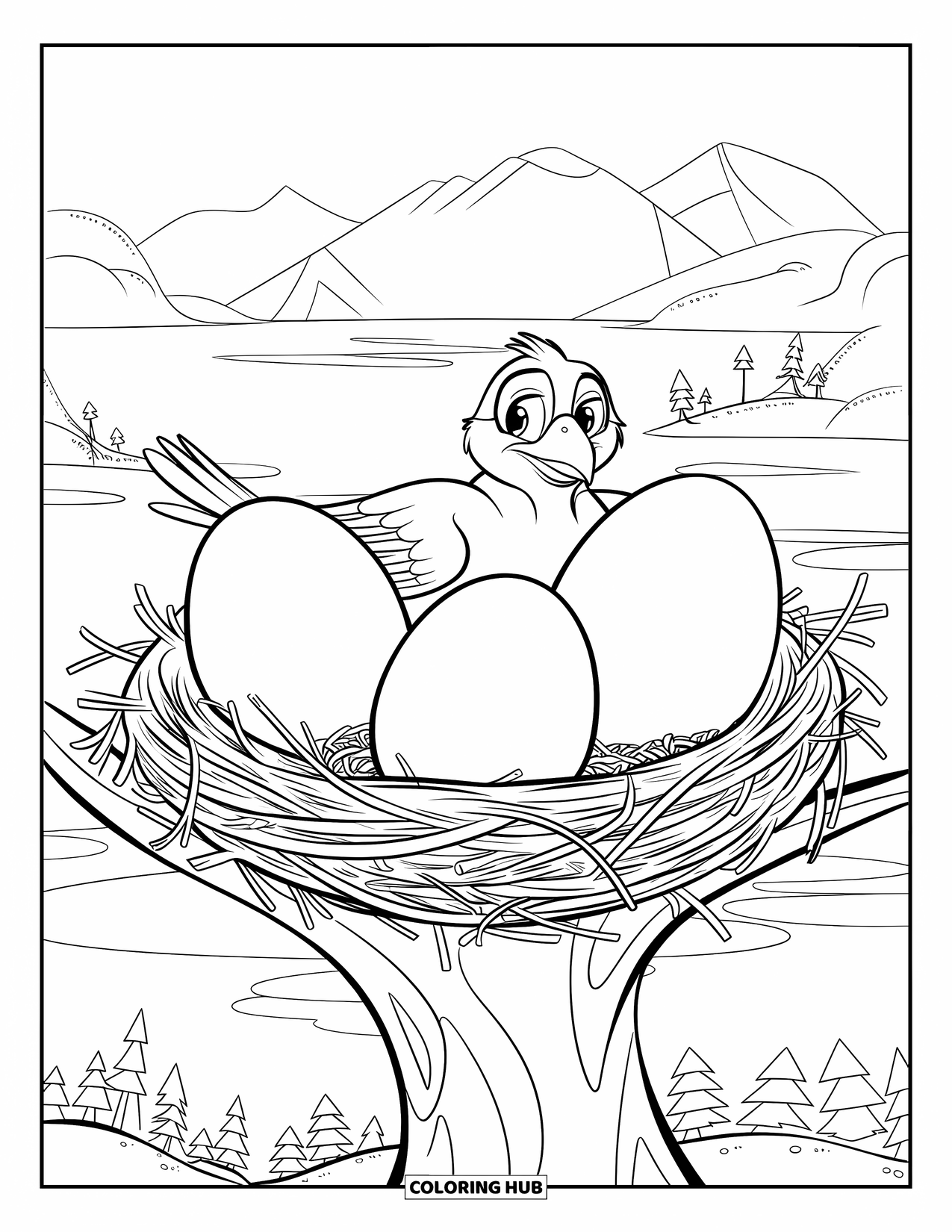 Bird Coloring Page for Kids: Bird perched on a nest with three giant eggs and a scenic view