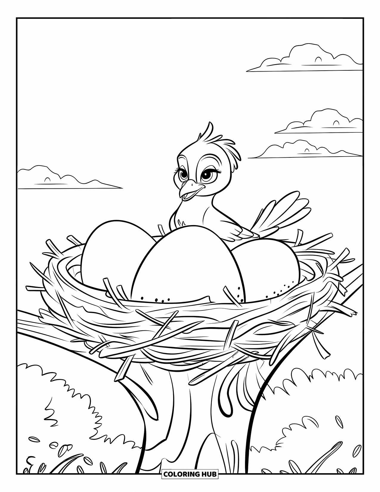 Bird Coloring Page for Kids: Bird sitting in a nest with three big eggs