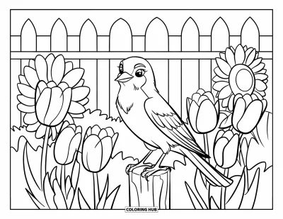 Dibujo de pajaros para colorear para niños: Ave sentada en un poste de madera en un jardín lleno de tulipanes y girasoles