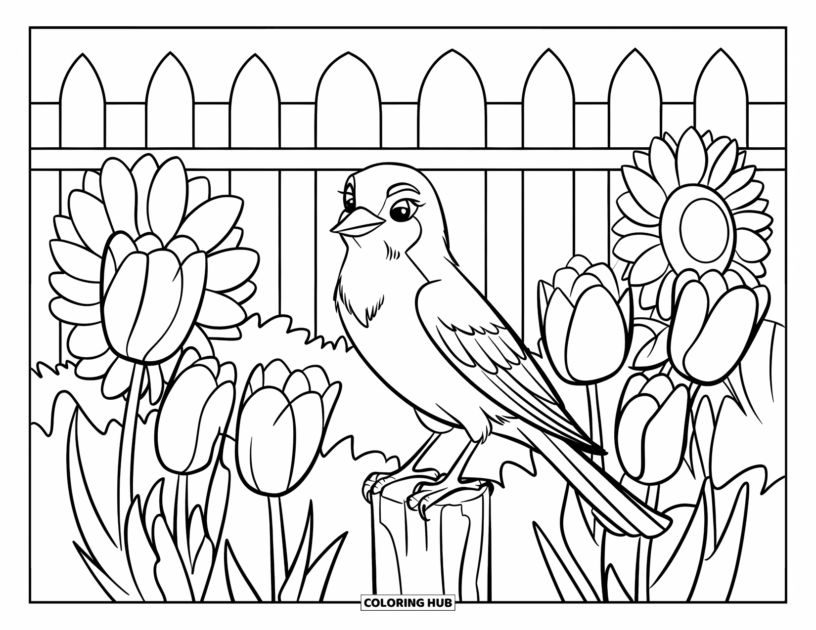 Bird Coloring Page for Kids: Bird sitting on a wooden post in a garden full of tulips and sunflowers