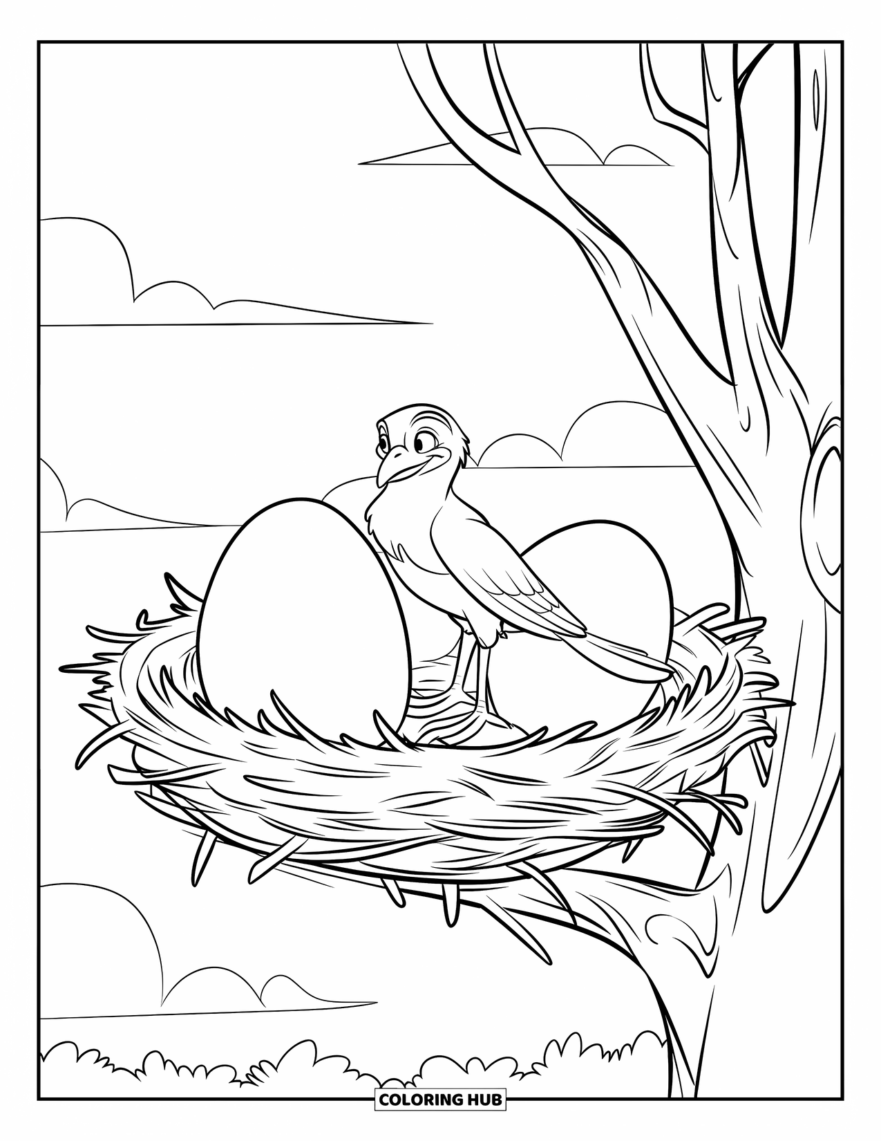 Bird Coloring Page for Kids: Bird sitting on eggs in a nest high in the tree
