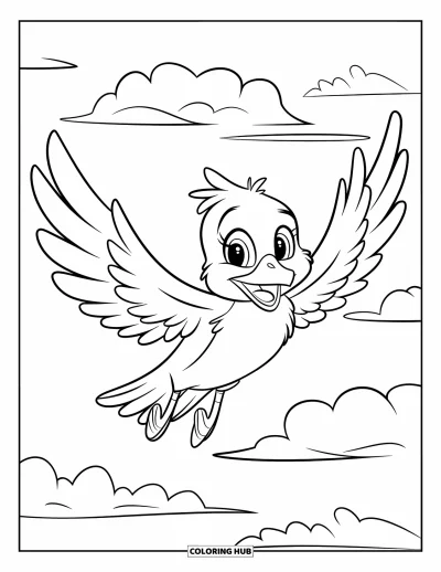 Dibujo de pajaros para colorear para niños: Ave planeando feliz por el cielo con las alas abiertas