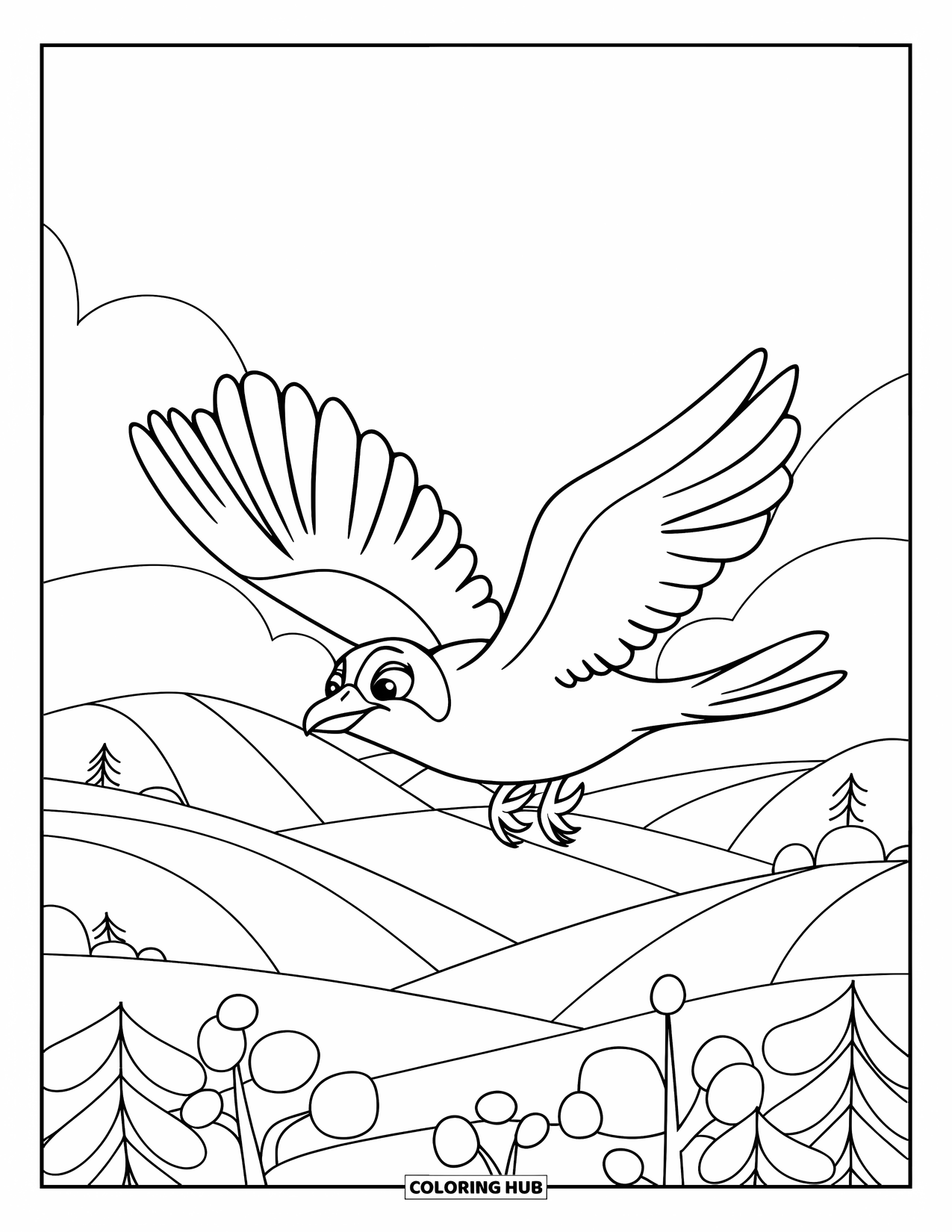 Bird Coloring Page for Kids: Bird soaring over gentle hills dotted with trees