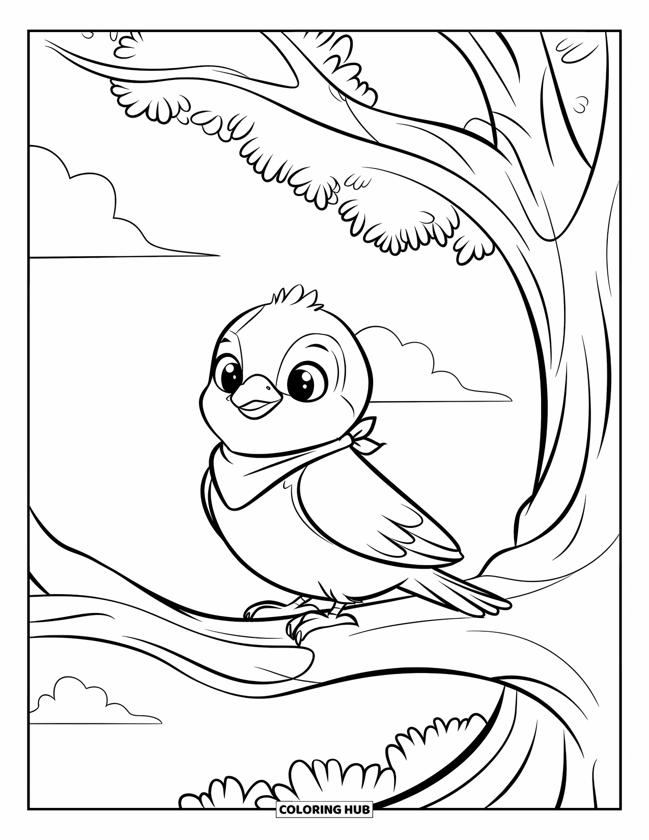 Bird Coloring Page for Kids: Bird with a green scarf perched on a thick branch with clouds