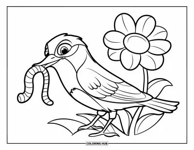 Dibujo de pajaros para colorear para niños: Ave con un gusano junto a una flor, erguida