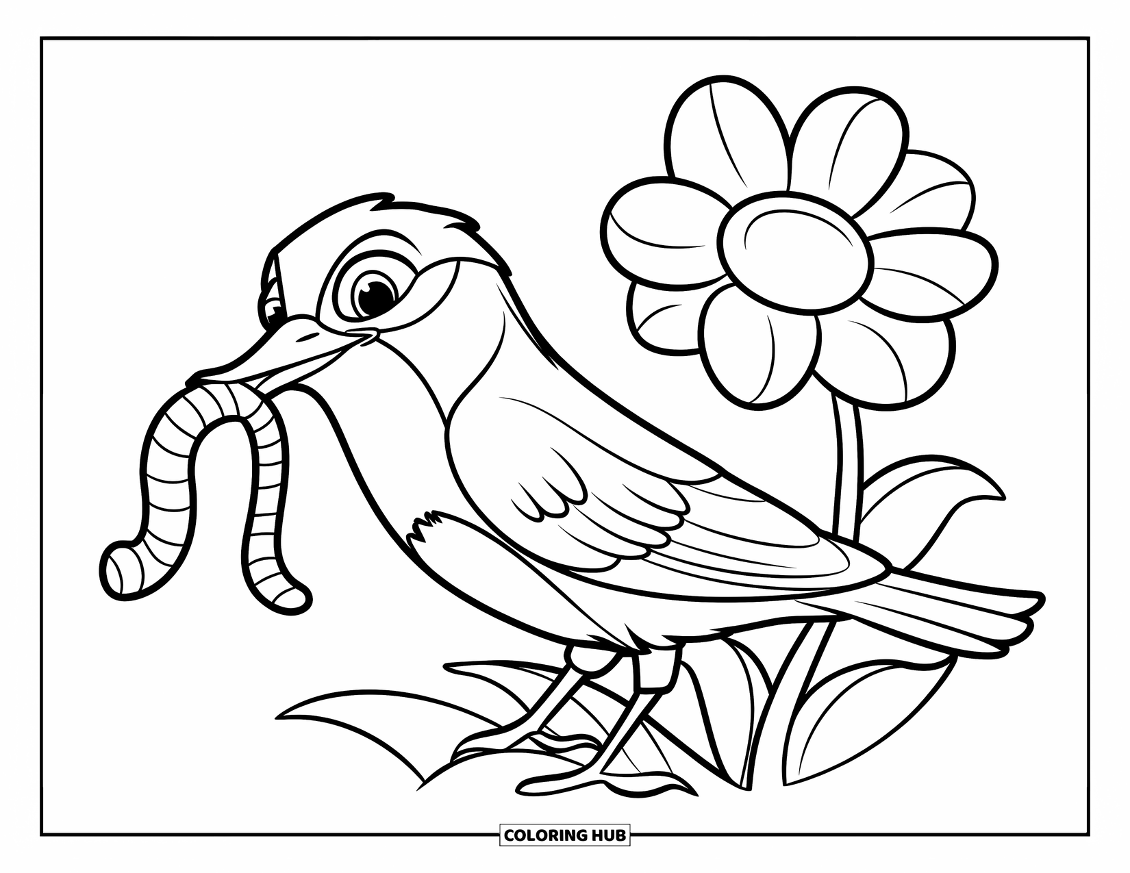 Bird Coloring Page for Kids: Bird with a worm near a flower and standing tall