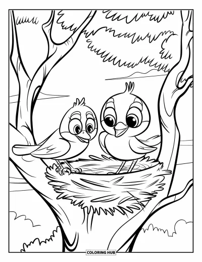 Dibujo de pajaros para colorear para niños: Aves construyendo un nido en un árbol bajo cielos despejados