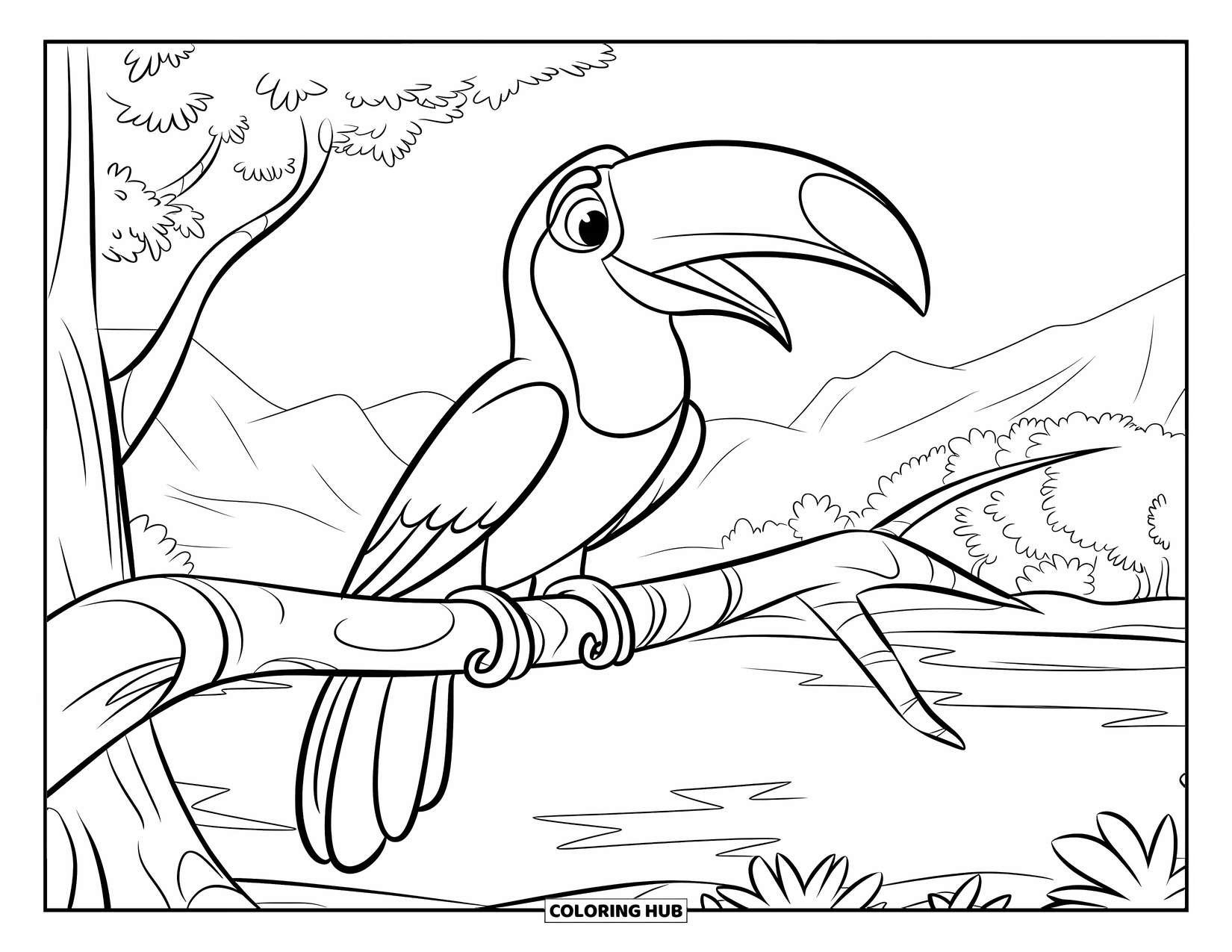 Bird Coloring Page for Kids: Bright toucan perched in nature with trees, mountains, and water