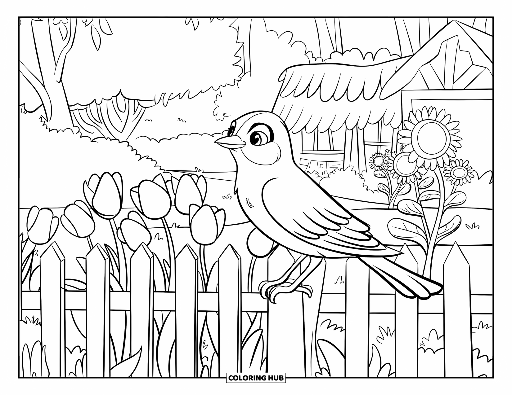 Bird Coloring Page for Kids: Cheerful bird resting in a sunny garden with tulips, sunflowers, and a cottage