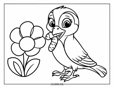 Dibujo de pajaros para colorear para niños: Ave alegre con un gusano junto a una flor grande
