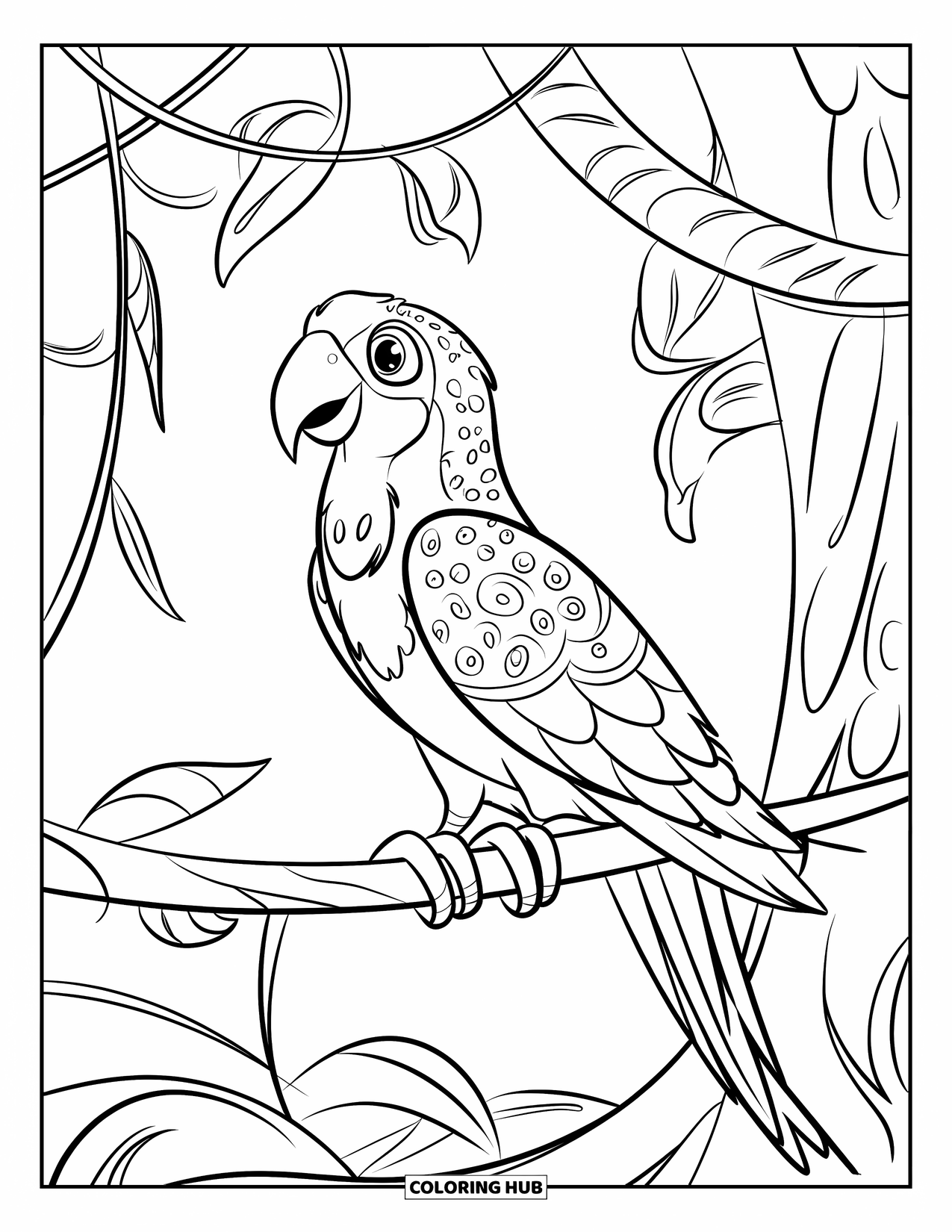 Bird Coloring Page for Kids: Colorful parrot perched on a winding vine deep in the jungle