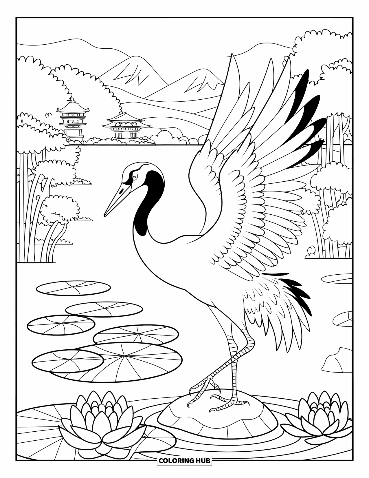 Bird Coloring Page for Kids: Crane on a rock beside a peaceful lotus pond and mountain view