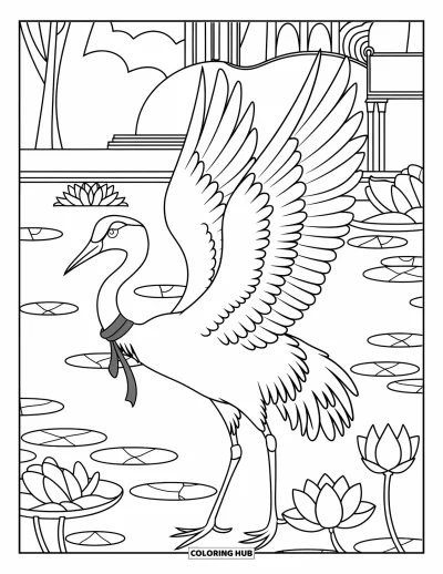 Dibujo de pajaros para colorear para niños: Grulla con una cinta alrededor del cuello junto a un estanque lleno de lotos y árboles