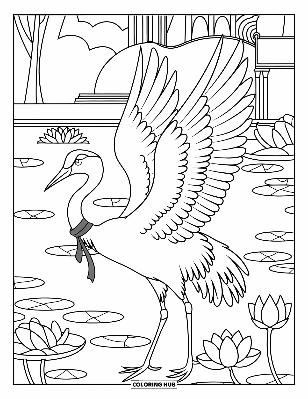Bird Coloring Page for Kids: Crane with a ribbon around its neck beside a lotus-filled pond and trees
