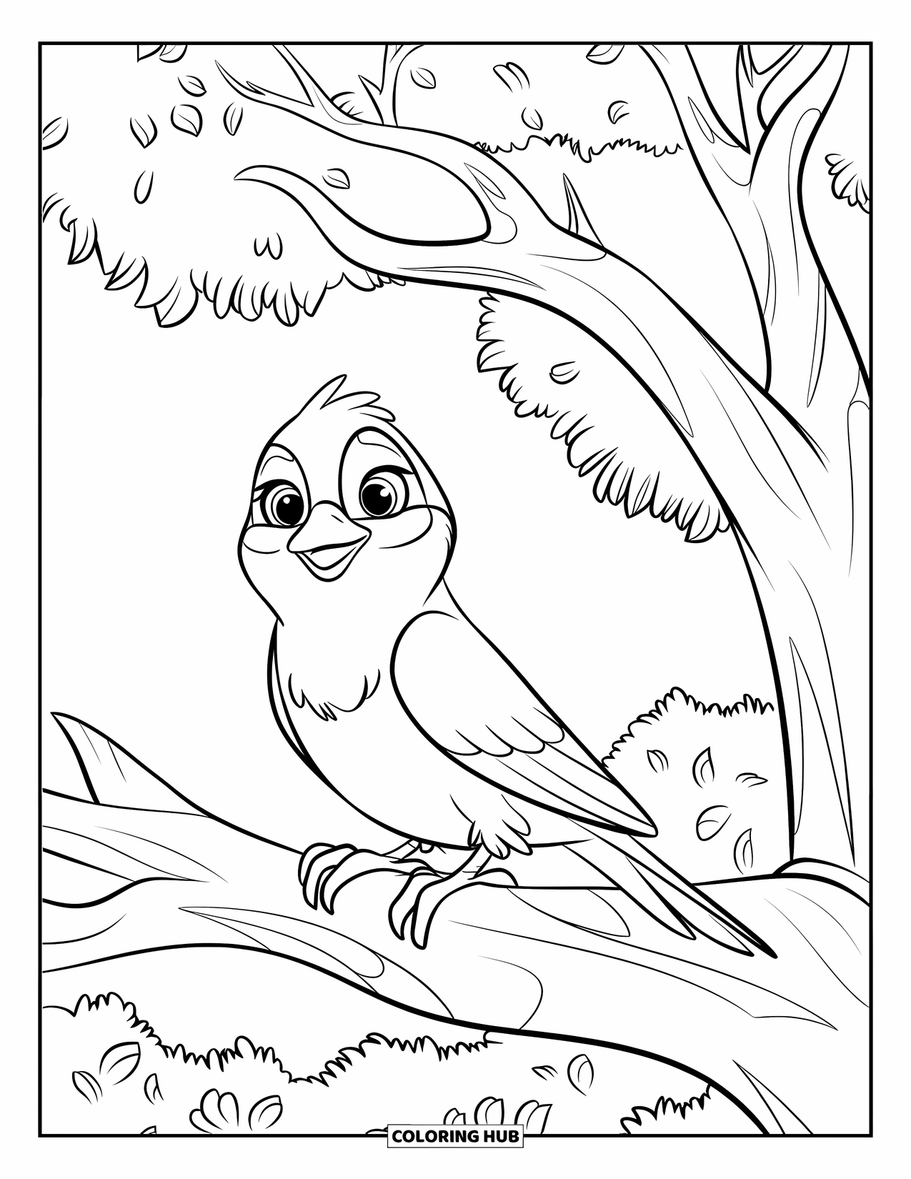 Bird Coloring Page for Kids: Cute bird sitting on a big tree branch under a clear sky