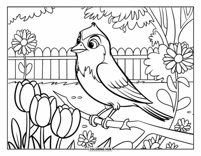 Dibujo de pajaros para colorear para niños: Ave tierna sentada en una rama en un jardín lleno de flores cerca de una cerca