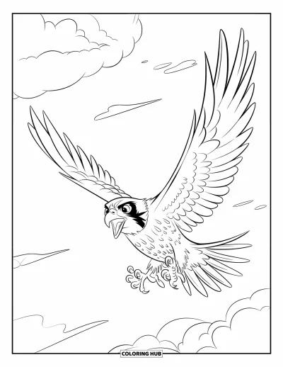 Dibujo de pajaros para colorear para niños: Halcón zambulléndose con alas afiladas y mirada concentrada bajo un cielo nublado