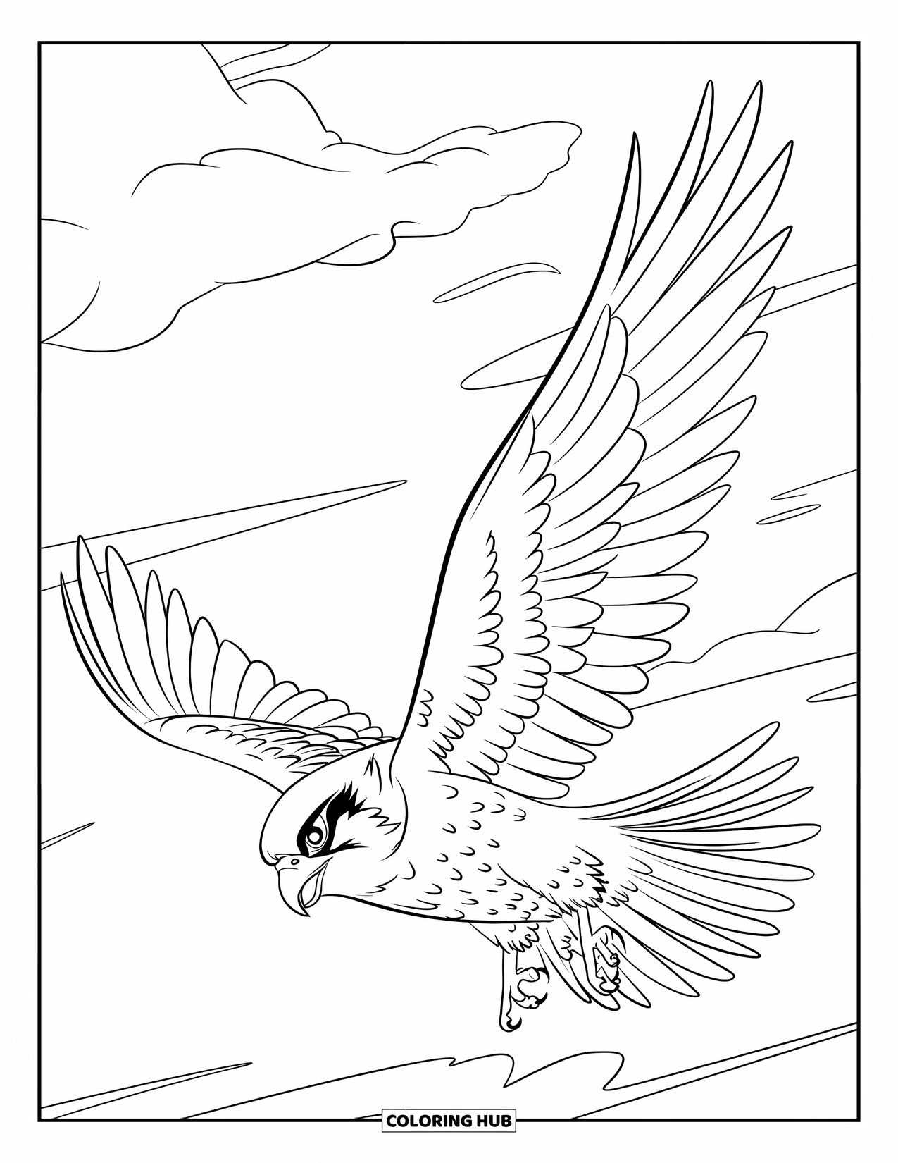 Bird Coloring Page for Kids: Falcon swooping down through a cloudy sky with its beak open
