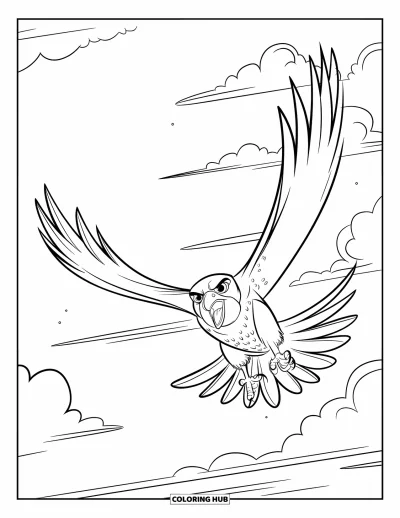 Dibujo de pajaros para colorear para niños: Halcón feroz en plena picada con una postura imponente frente a un cielo de nubes esponjosas