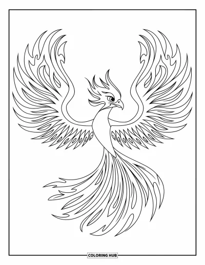 Dibujo de pajaros para colorear para niños: Ave de fuego extendiendo las alas con plumas en forma de llamas sobre fondo limpio