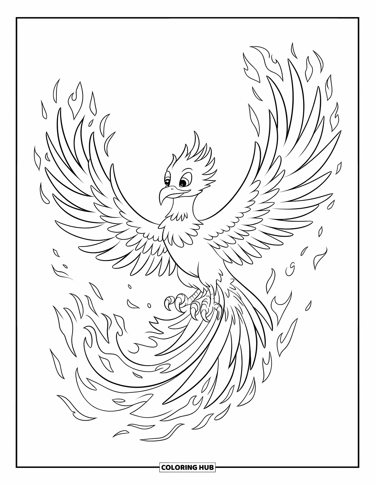 Bird Coloring Page for Kids: Firebird in mid-flight, surrounded by flames against a clear sky