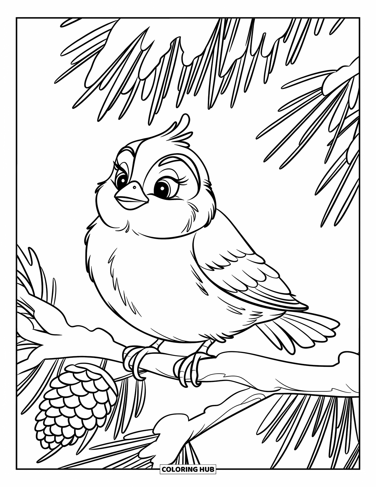Bird Coloring Page for Kids: Fluffy winter bird resting on a snowy branch beside a pinecone