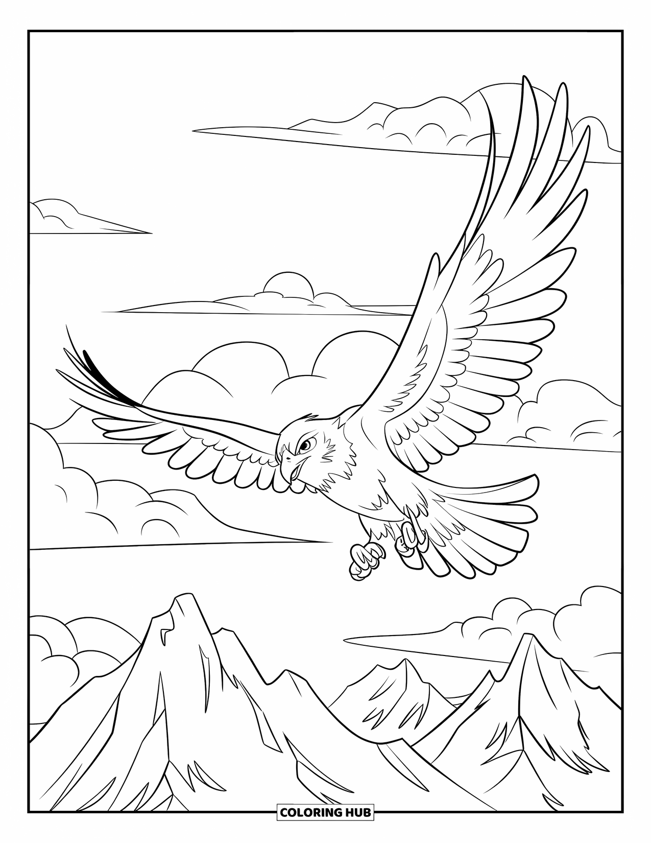 Bird Coloring Page for Kids: Focused hawk soaring above green mountains and fluffy white clouds