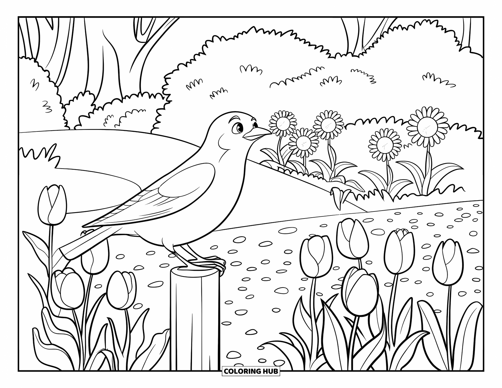 Bird Coloring Page for Kids: Garden bird perched on a post near tulips, sunflowers, and trees