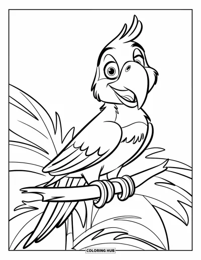Dibujo de pajaros para colorear para niños: Loro feliz posado en una planta con expresión alegre