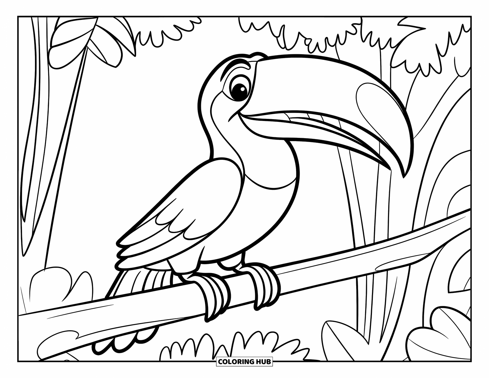 Bird Coloring Page for Kids: Happy toucan with a big beak resting on a branch