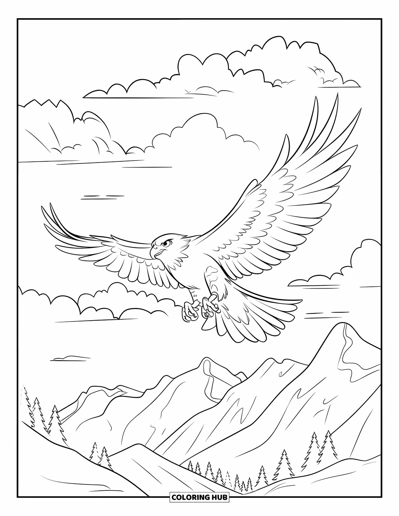 Bird Coloring Page for Kids: Hawk soaring high through the clouds above rugged mountain peaks